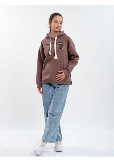 Çocuk Kapüşonlu Sırtı Kot Detaylı Sweatshirt-13454-kahverengi Kahverengi