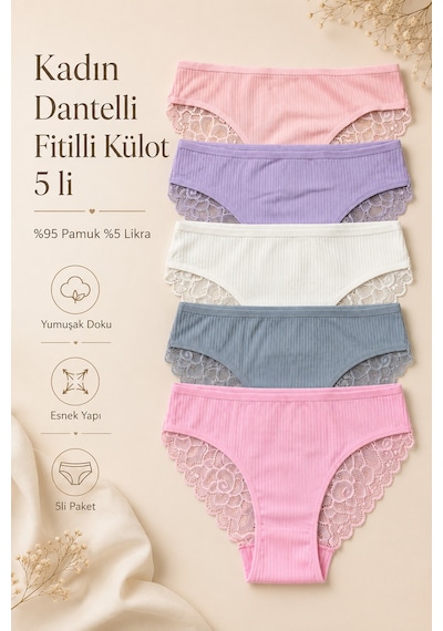 Nicoletta Kadın Külot 5 Li Paket Likralı Pamuklu Arkası Dantelli Fitilli Kaşkorse Somon