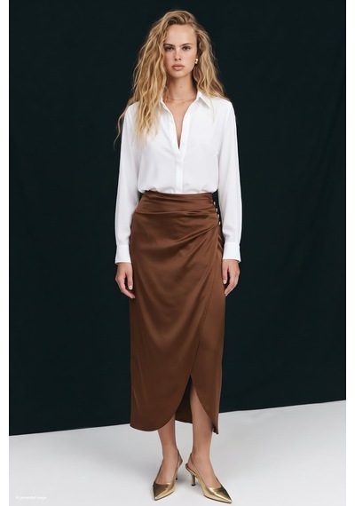Sateen Düğme Detaylı Saten Etek - Kahve-138036