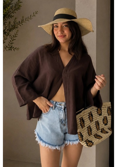 Bbbutikbasic Kadın Müslin Oversize Bluz Salaş Kesim Yazlık Basic Ceket My3535 Kahverengi