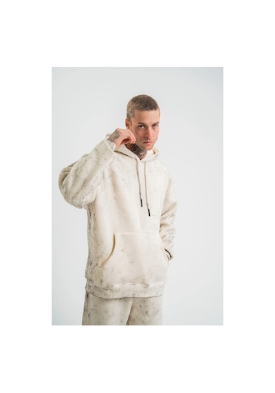 Erkek 3 İplik Pamuklu Oversize Kapşonlu Yıkamalı Sweatshirt Hoodie - Krem