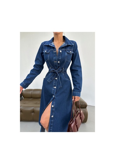 Kene Jeans Kadın Uzun Kol Düğmeli Kot Elbise Lacivert