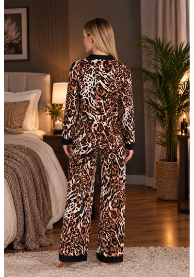 Senoramoda Şık Tasarım Viskon Leopar Desenli Önden Düğmeli Uzun Kollu Kadın Pijama Takımı