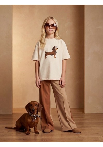 Zekids Kız Çocuk Köpek Baskılı Taş Detaylı Tasarım T-shirt-17187 Krem