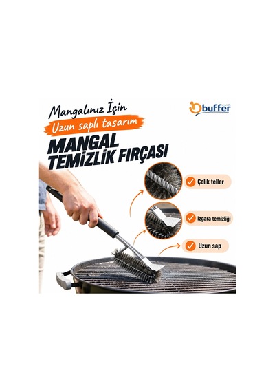 Yerliçöppoşeti Mangal Izgara Temizleme Fırçası Paslanmaz Çelik Telli, Uzun Saplı Grill Temizlik Aparatı Mangal Temizlik Fırçası