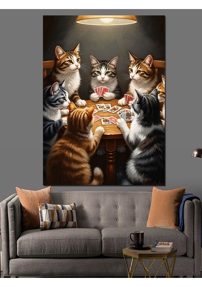 Ahşap Tablo Masada Poker Oynayan Kediler