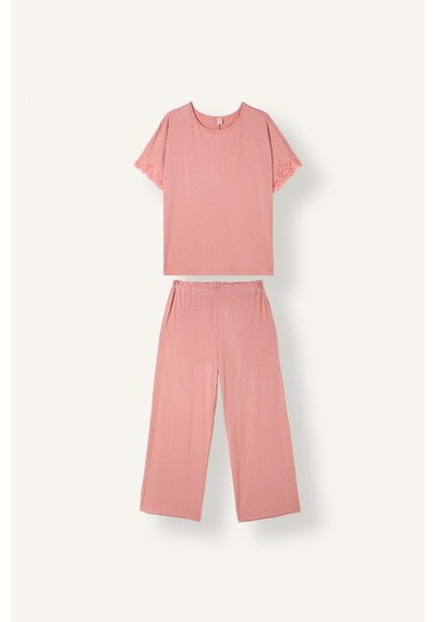Defacto Regular Fit Kısa Kollu Dantel Detaylı Üst Geniş Paça Alt 2li Pijama Takımı I5544ax26aubr478 Bordo-br478
