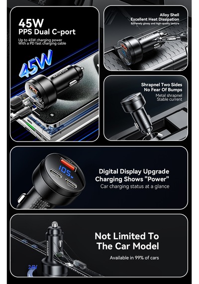 105w Araç Şarjı Type-c+usb Üç Giriş Hızlı Pd Ce Lisanslı Dijital