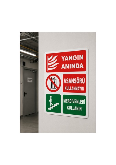 Yangın Anında Asansörü Kullanmayın Uyarı Levhası 25x35 Cm İş Güvenliği Tabelası Dekota Pvc