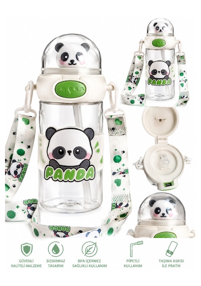 Panda 500 Ml Taşıma Askılı Matara Pipetli, Karakter Figürlü, Sızdırmaz Çocuk Su Matarası Beyaz