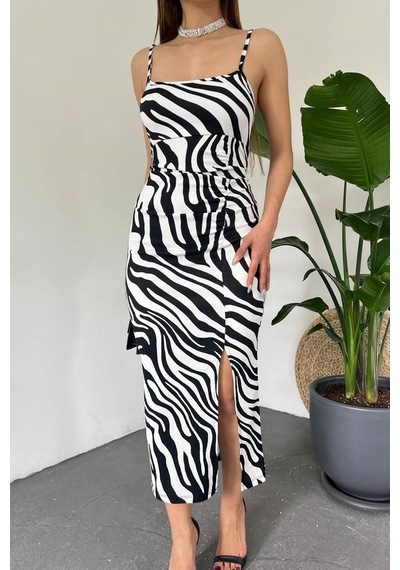 Candybia Zebra Desenli Askılı Derin Yırtmaçlı Bürümcük Yazlık Elbise Zebra Zebra