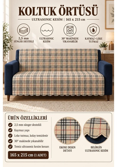 Çok Amaçlı Kadife Koltuk Örtüsü Kaymaz Süngerli 165x215 Cm Modern Bohem Çekyat Şalı Piknik Masa Örtüsü Alk4 krem
