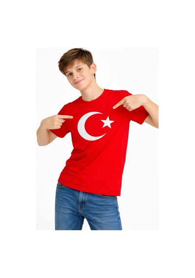 Wear Vexel Erkek Çocuk Tişört Bisiklet Yaka Ay Yıldız Bayrak Baskılı T-shirt - Kırmızı Çok Renkli