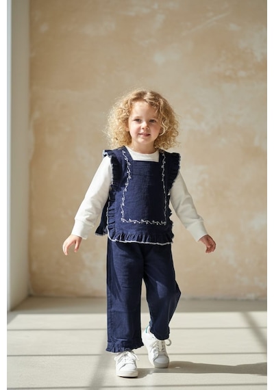 Mnk Baby & Kids Kız Çocuk Otantik Kot Pantolon Ve Bluz Takımı M00797 mavi