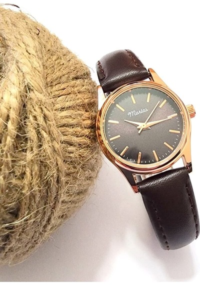 Retro Kadın Kol Saati, Vintage Minimal, Rose Gold Renk, Çizgili Kadran, Koyukahverengi Kordon Rose Gold Kahverengi Kordon Altın