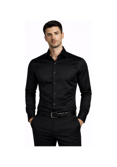 Classics Men Slim Fit Uzun Kollu Kolay Ütü Pamuk Saten Erkek Gömlek Siyah
