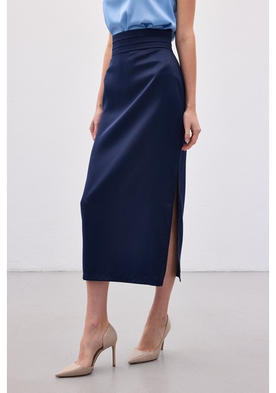 Sateen Bel Pile Detaylı Saten Etek - Lacivert-136551 Lacivert