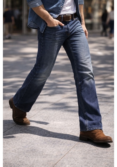 Cedy Denim Cedy Denım Premium Seri: Erkek Retro Flare Bootcut Jean - Geniş Paça Taşlanmış Denim Pantolon C370 Mavi