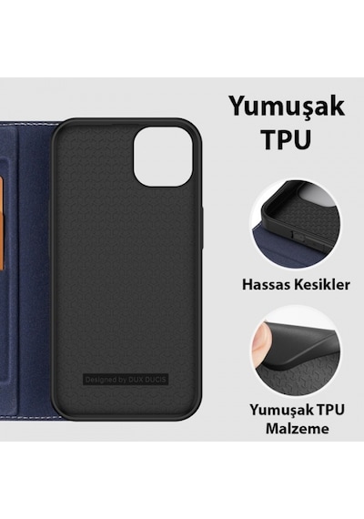 More TR Dux Ducis Apple Uyumlu iPhone 14-13 6.1 Kılıf Skin X2 Series PU Deri Manyetik Kapaklı Kılıf Magnetic Folio Case - Lacivert