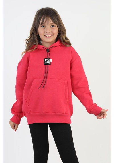 Kapüşonlu Art Baskılı Kanguru Cepli Kız Çocuk Sweatshirt-90847 Fuşya