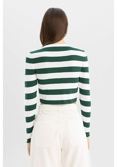 Defacto Coool Slim Fit Dar Kesim Çizgili Bisiklet Yaka Triko Kazak X6888AZ24WNGN311 Yeşil