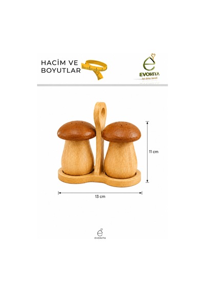 Evonita Ahşap Tuzluk Biberlik Seti Mantar Tasarımlı Dekoratif Baharatlık Seti Ahşap Standlı Şeffaf