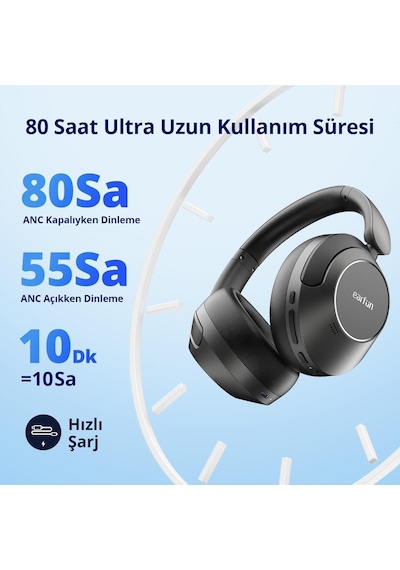 Wave Pro Kulak Üstü Bluetooth Kulaklık - Anc - 80 Saate Kadar Pil Ömrü - Siyah Earfun Türkiye Garantili