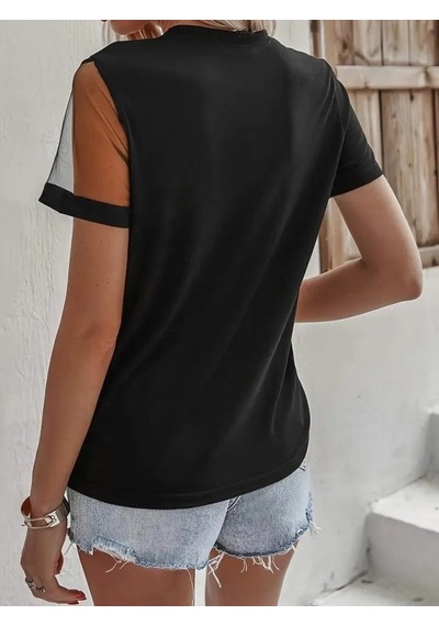 Efnaz Style Kadın Kısa Kollu Tül Detaylı Taşlı Janjan Krep Bluz siyah