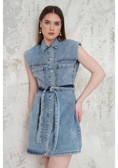 Livanomi Gömlek Yaka Kemerli Denim Kısa Elbise Mavi Livanomi Gömlek Yaka Kemerli Denim Kısa Elbise Mavi