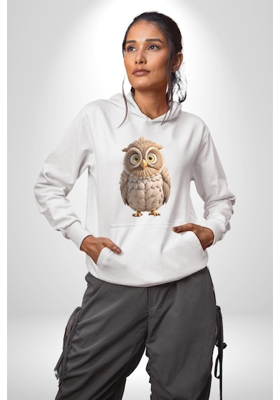 Baykuş Kadın Erkek Beyaz Kapüşonlu Sweatshirt Hoodie Beyaz