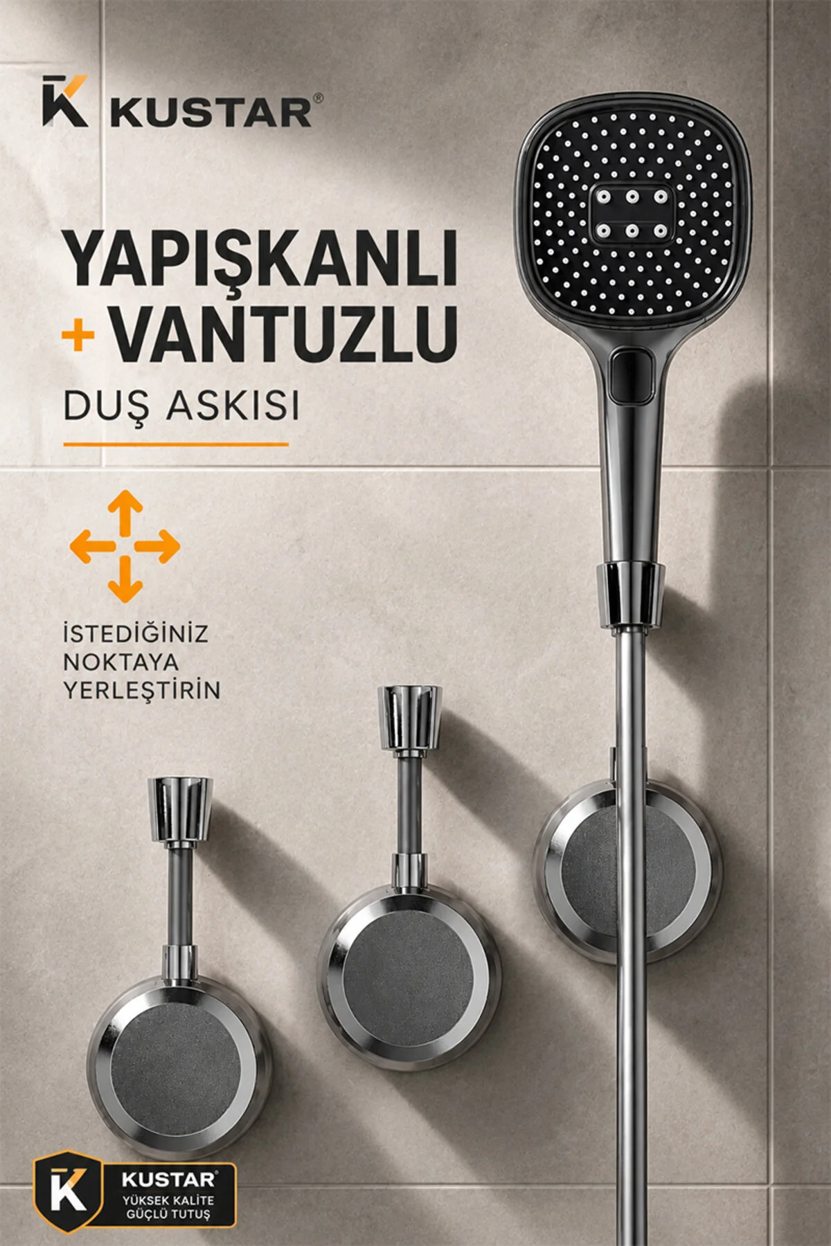 Yapışkanlı Vantuzlu Duş Askısı Delmeden Montaj Ayarlanabilir Duş Başlığı Tutucu Duş Hortumu Tutucu Gri