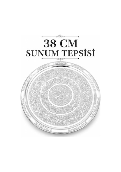 Gül Mutfak 38 Cm Paslanmaz Çelik Krom Tepsi, Yuvarlak İşlemeli Servis Tabağı, Kebap Köfte Pide Sunum Tepsisi Inox