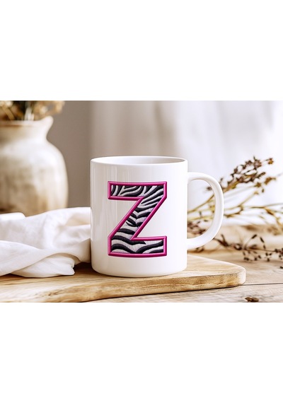 Z Harfi Zebra Deseni Ve Pembe Kenarlı Kupa Bardak - Kişiye Özel Nakış Efektli - Siyah Beyaz Pembe Beyaz