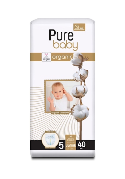 Pure Baby Organik Pamuklu Cırtlı Bez Tekli Paket 5 Numara Junior 40 Adet