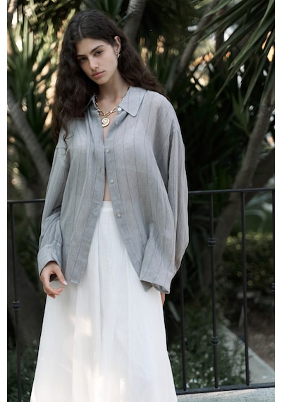 Mai Collection Mai Studios Co. Calynn Sırt Dekolteli Çizgili Vizon Keten Gömlek VİZON