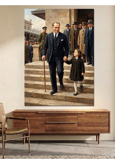 Merdivenlerde El Ele Atatürk Ve Kız Çocuğu Dekoratif Kanvas - Mdf Ahşap Tablo Çok Renkli