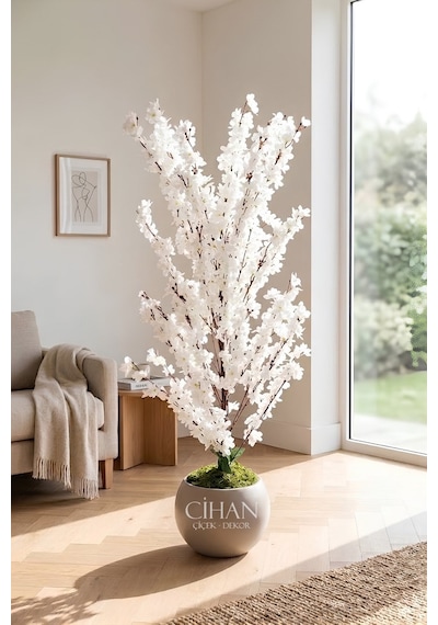 Yapay Beyaz Sakura Kiraz Çiçeği Ağacı 120 Cm - Küre Plastik Saksılı 27x33 Cm Saksı