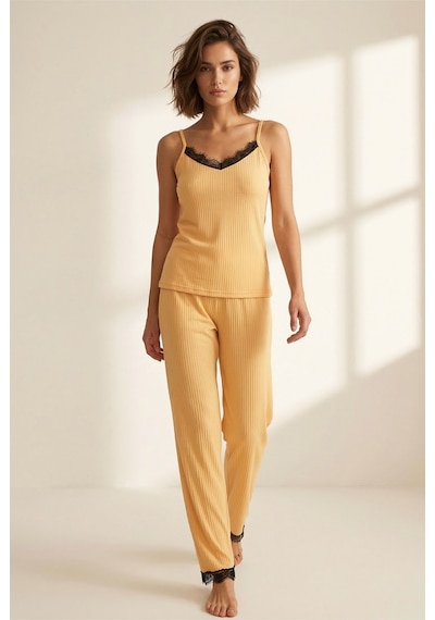 Siyah İnci Soft Touch Ince Örme Pijama Takım 7628 sari