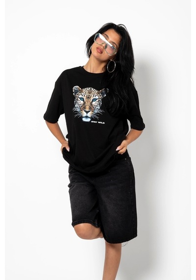Startmore Stay Wild Leopar Siluet Baskılı Oversize Unisex Beyaz Siyah