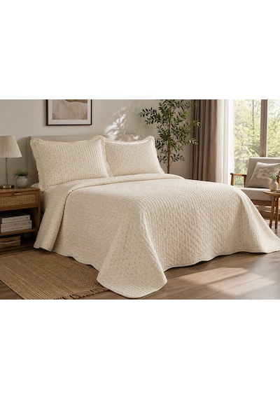 Kapreo Home Viona Çift Kişilik Renkli Nakışlı Premium Kadife Yatak Örtüsü Seti 250x260 Cm Bej - Krem