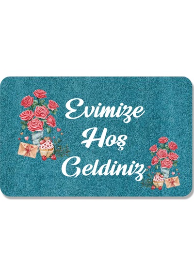 Dijital Baskılı Hoş Geldiniz Yazılı Çiçek Desenli Kapı Önü Paspası İç Ve Dış İçin Yıkanabilir Kaymaz Beyaz