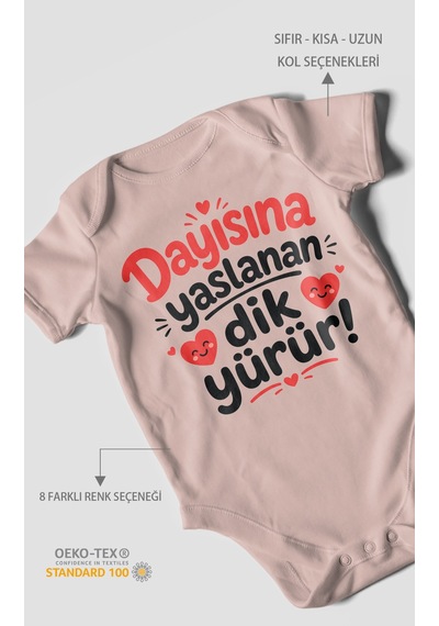 Morivokids Dayısına Yaslanan Dik Yürür Kısa Kollu Bebek Body %100 Pamuk Zbn254-kk Pastel Pembe