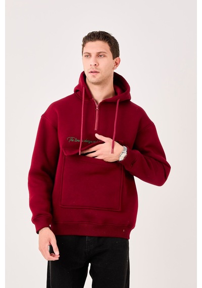 X-4005 Kapüşonlu Yarım Fermuarlı Sweat Bordo