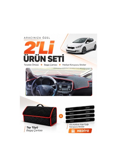 E-biz Kia Ceed 2013-2019 Uyumlu Torpido Örtüsü + Tay Tüyü Bagaj Çantası - Siyah-kırmızı - Kı004