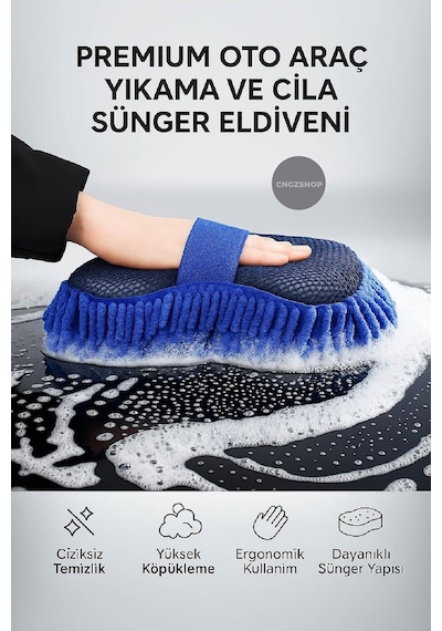 Cngzshop Premium Oto Araç Yıkama Ve Cila Sünger Eldiveni, Çiziksiz Derin Temizlik, Ergonomik Tutma Bandı, Mavi Diğer