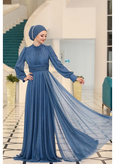 Raika Moda Şık Tasarım Tül Kübra Abiye İndigo