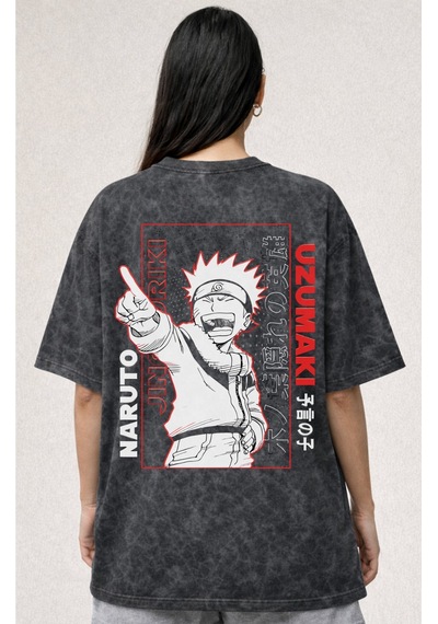 Naruto Uzumaki Jinchuriki Anime Baskılı Unisex Oversize Eskitme Y Siyah