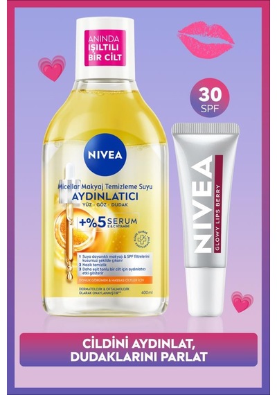 Aydınlatıcı Micellar Makyaj Temizleme Suyu 400ml Ve Glowy Lips Berry Renkli Nemlendirici Dudak Kremi