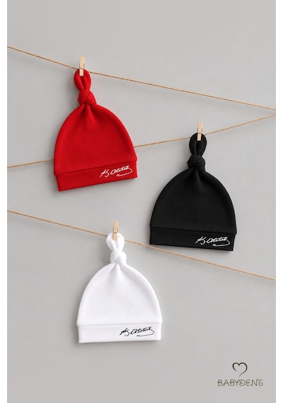 Babyden's Atatürk İmzalı Yenidoğan Bebek Şapka Seti 3 Lü Paket %100 Pamuklu Unisex Bebek Bere Takımı Beyaz - Kırmızı - Siyah