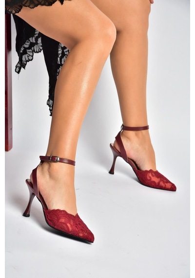 Fox Shoes Y752044206 Bordo Dantelli İnce Topuklu Kadın Ayakkabı